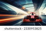 Race car racing on a track with speeding motion blur. 3D Renderi