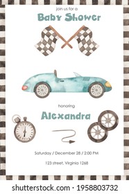 Race Car, Timer, Finish Flag, Wheels. Watercolor Baby Shower. Hand Drawn Illustration