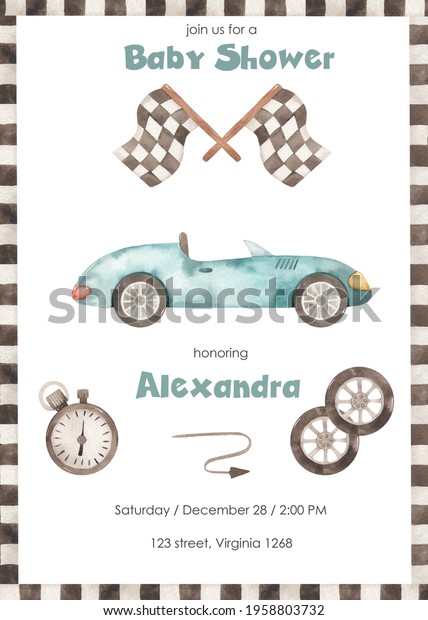 Race car, timer, finish flag, wheels.\
Watercolor baby shower. Hand drawn\
illustration