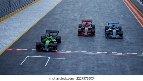 Race Cars Drive On Winding Race Track To The Finish Line. Dynamic Front View Camera. Racing Go Karts Competition. 3D Rendering . High Quality Photo. 3D Illustration