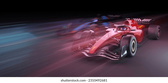 Carros de carreras de fórmula con fondo oscuro sin ninguna marca - renderización 3D