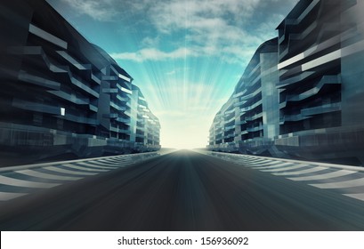 Race Circuit In Business City In Evening Motion Blur Wallpaper Illustration