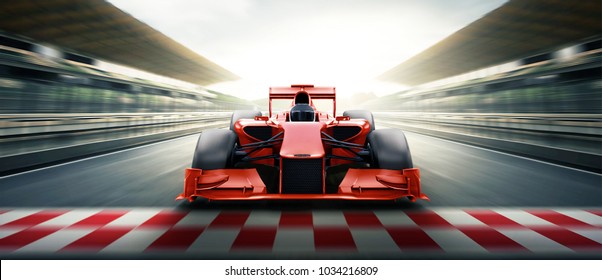El piloto de carreras pasa el punto de acabado y el fondo de desenfoque del movimiento. Representación 3D