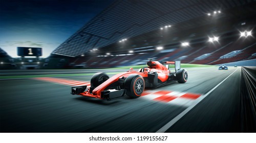 Race Driver Pass The Finishing Point And Motion Blur Background. 3D Rendering