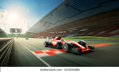 Race driver pass the finishing point and motion blur background during sunrise. 3D rendering