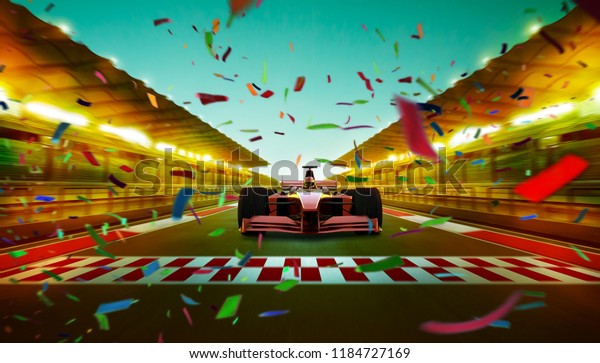 Race driver pass the finishing point at\
international race track with speedy motion blur effect\
.celebration with confetti . Night scene . 3D\
rendering