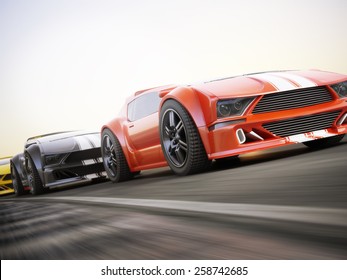 The race , Exotic sports cars racing with motion blur . Generic custom photo realistic 3d rendering.