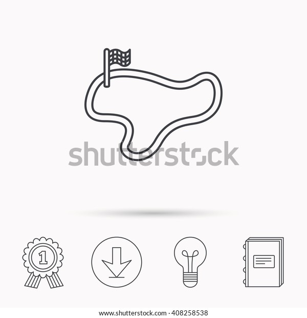 Race track or lap icon.\
Finish flag sign. Download arrow, lamp, learn book and award medal\
icons.