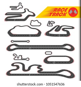 Race Track, Racing Loop Or Race Circuit, Car Racetrack Collection. Turbo Challenge  Illustration Set. For Toy, Modeling, Package, Sport, Gift, Transportation, Car, Bolide, Dragster, Game Design.