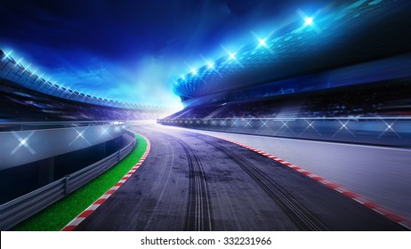 racecourse bended road with stands and spotlights, racing sport digital background illustration