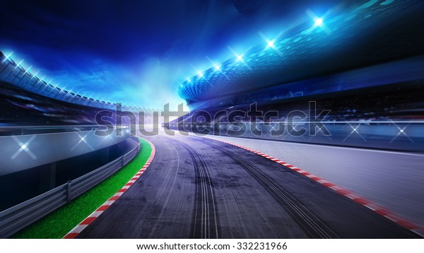 スタンドとスポットライトを持つ競馬場の曲がった道 レース用のスポーツのデジタル背景イラスト のイラスト素材