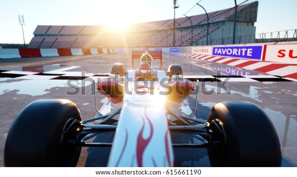 Racer of formula 1 in a\
racing car. Race and motivation concept. Wonderfull sunset. 3d\
rendering.