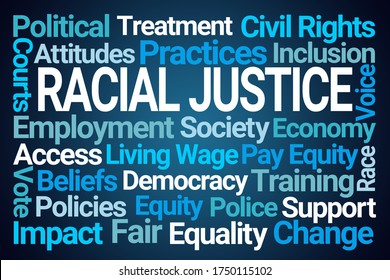 Racial Justice Word Cloud On Blue Background