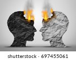 Racial relations challenge and social or society race tension as two black and white human heads facing each other in crisis as they both burn in a 3D illustration style.