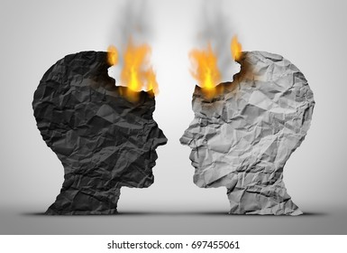 Racial Relations Challenge And Social Or Society Race Tension As Two Black And White Human Heads Facing Each Other In Crisis As They Both Burn In A 3D Illustration Style.