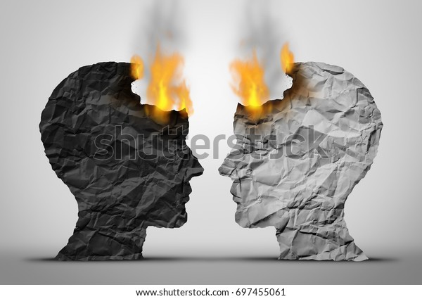 Racial relations challenge\
and social or society race tension as two black and white human\
heads facing each other in crisis as they both burn in a 3D\
illustration\
style.