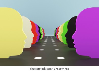 Racial Tension And Balance Illustrated In A 3d Image Of Many Abstract Faces Of Different Colors. Symbolizing Tolerance, Equality, Introspection, Awareness, Mutual Support And Understanding.