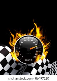 Racing Background with burning speedometer and checkered flag