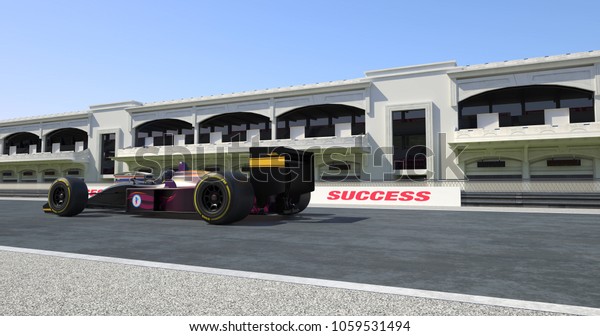 Racing Car Crossing Finish
Line On Racing Track - High Quality 3D Rendering With
Environment