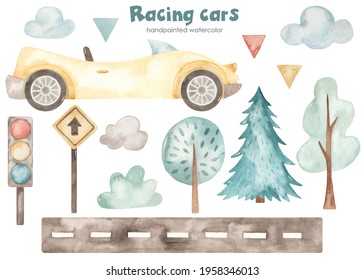 Racing Car, Road, Trees, Clouds, Traffic Light, Road Sign. Watercolor Children's Set For Boys