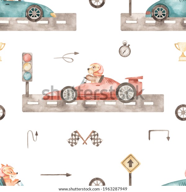 Racing\
cars, bear, fox in helmet, finish flags, timer, traffic light, road\
on white background. Watercolor seamless\
pattern