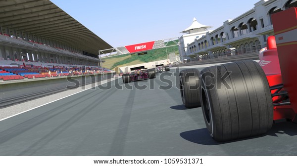 Racing Cars Crossing Finish
Line And Winning The Race - High Quality 3D Rendering With
Environment