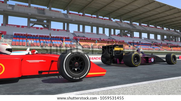 Racing Cars Crossing Finish
Line On Racing Track - High Quality 3D Rendering With
Environment