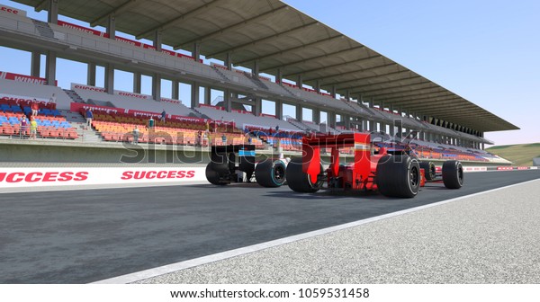 Racing Cars Crossing Finish
Line On Racing Track - High Quality 3D Rendering With
Environment
