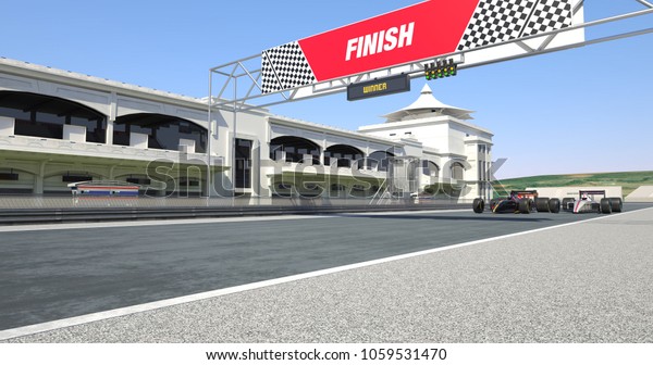 Racing Cars Crossing Finish\
Line On Racing Track - High Quality 3D Rendering With\
Environment