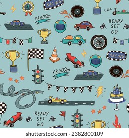 Racing cars and objects seamless pattern.