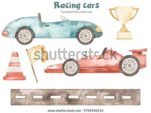 Racing cars, road, flag, trophy,\
traffic cone, boy. Watercolor children\'s set. Hand drawn\
clipart