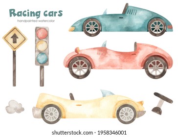 Racing cars, traffic light, pointer, steering wheel, boy. Watercolor children's set. Hand drawn clipart