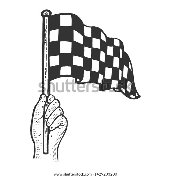 Racing checkered flag in hand flag sketch\
engraving raster illustration. Scratch board style imitation. Black\
and white hand drawn\
image.