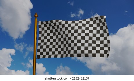 Racing Flag Waving 3D Render With Flagpole And Blue Sky, Formula One Finish Flag Textile, Auto Race Track Or Auto Racing On Formula 1, FIA World Endurance Championship And WTCC. 3d Illustration