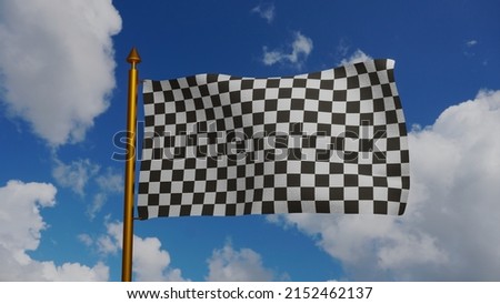 Racing flag waving 3D Render with flagpole and blue sky, Formula One finish flag textile, auto race track or auto racing on Formula 1, FIA World Endurance Championship and WTCC. 3d illustration
