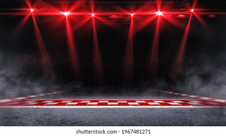Racing pole position with red shining spotlights above the mist. Digital sport 3D illustration.