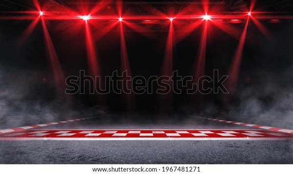 Racing pole position with red\
shining spotlights above the mist. Digital sport 3D\
illustration.