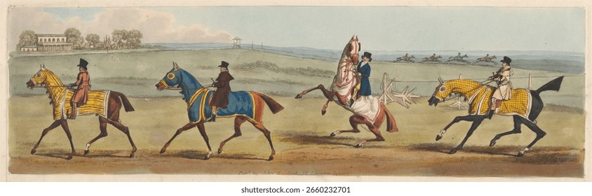 Racing [set of four]: 3 Preparing to Start. People in vintage painting, art illustration. Vintage artwork of people, old painting.