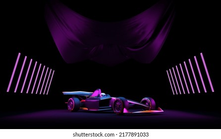 Racing Sport Car With Covered Cloth On Studio With Lights. 3d Rendering