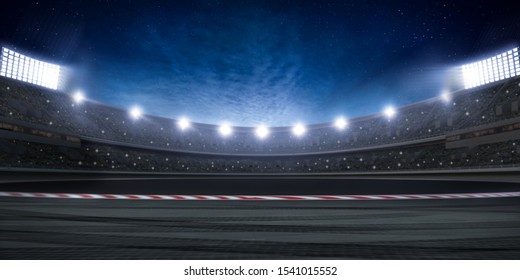 Racing stadium at night. Many spotlights with lens flare. Stars and clouds on the sky. 3d render
