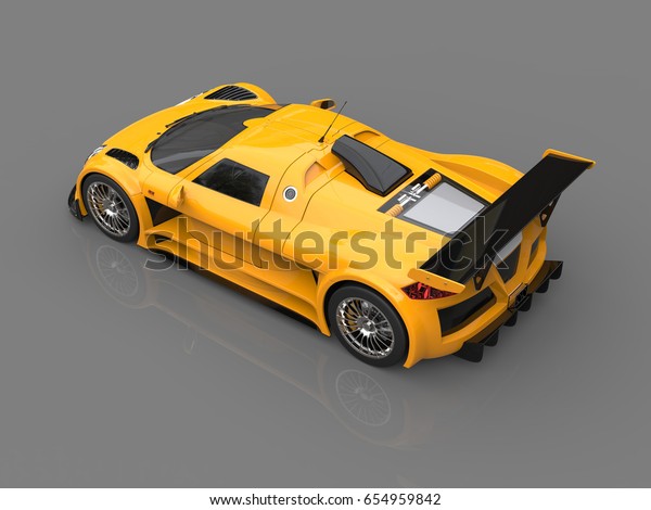 Racing super car - sun yellow - showroom top\
back view - 3D\
Illustration