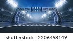 Racing track and checked finish line with steel gate and floodlights illuminated sport stadium at night. Professional digital 3d illustration of racing sports.