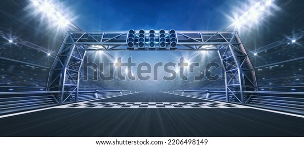 Racing track and checked\
finish line with steel gate and floodlights illuminated sport\
stadium at night. Professional digital 3d illustration of racing\
sports.