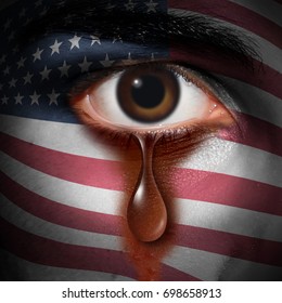 Racism In America And Bigotry In The USA Concept As The Tear Of An American Minority Washing Away A Flag Of The United States Painted On A Face As A Discrimination Idea In A 3D Illustration Style.