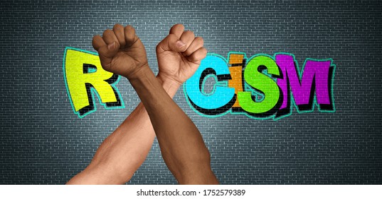 Racism And Antiracist Or Racist Concept As Diverse People Holding Up Fists As A Social Issue Of Racial Injustice And Multicultural Community Justice In A 3D Illustration Style.