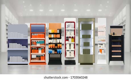 Rack design front. Skincare and Cosmetic products on shelf in farmacia store. Illustration and Mockup. Suitable for presenting new products and new designs or labels among many others. 