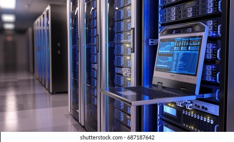 Rackmount LED console in server room data center - 3d illustration