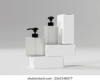 ractangular shape Pump bottle and paper box mockup, cubic shape liquid dispenser bottle, translucent plastic liquid containers, square frosted plastic cosmetic dispenser packaging, frost glass bottle