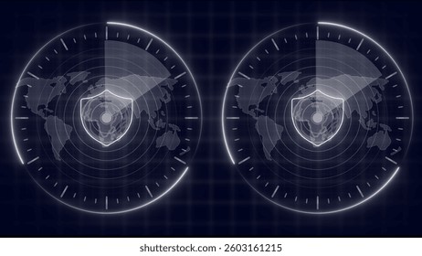 Radar HUD Screen Animation 4K. Motion graphic of colorful sonar radar screen searching an object with world map and line digital technology background, Futuristic animation concept seamless loop video