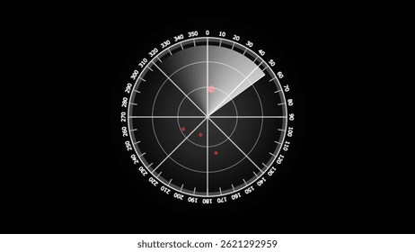 Radar point to detect enemy position. Signal transmitted Sonar radar. Animation on the moving navigation radar screen. black background.